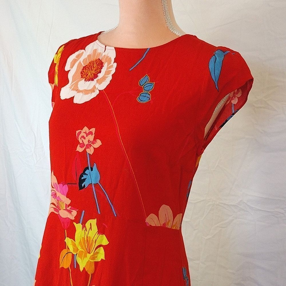 LOFT Orange Red Lily Floral Cap Sleeve Side Slit Midi Dress SMALL - Picture 8 of 16